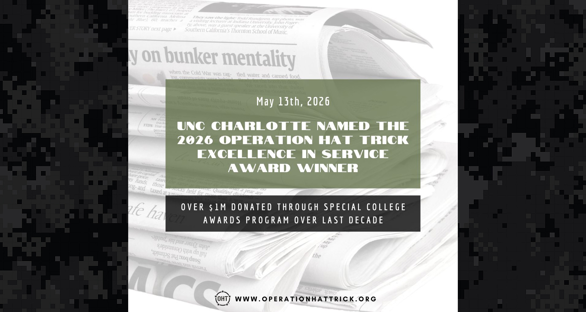 UNC Charlotte named the 2026 Operation Hat Trick Excellence in Service award winner